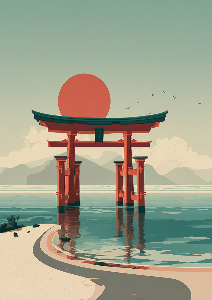 Dramatic artwork of a red Torii gate in a serene landscape with calm waters and distant mountains